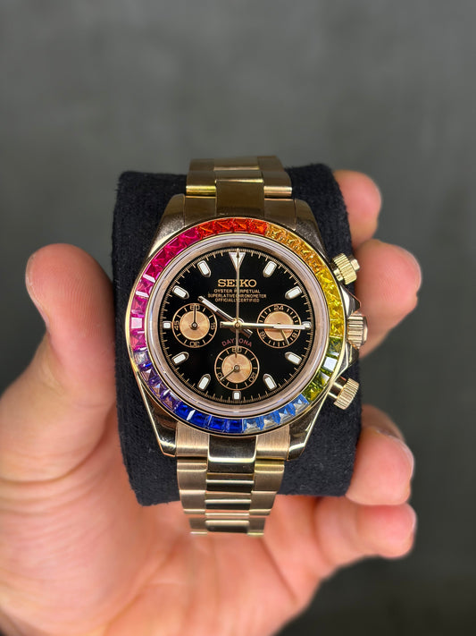 Rainbow baguette & rose gold daytona Seiko Mod — Détail cadran