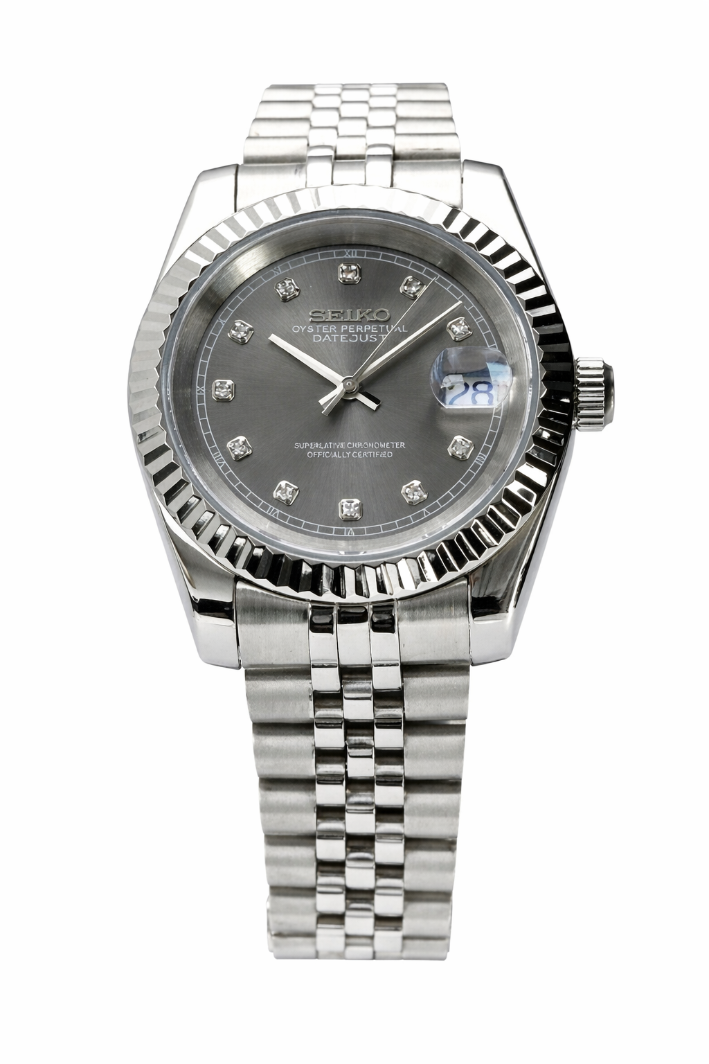 Datejust Silver Diamond Dial Seiko Mod — Vue de face