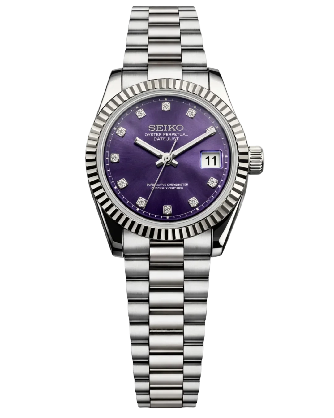 Seiko Mod Lady Datejust Purple Diamond, montre femme 31 mm, cadran mauve serti de cristaux, bracelet Jubilee acier