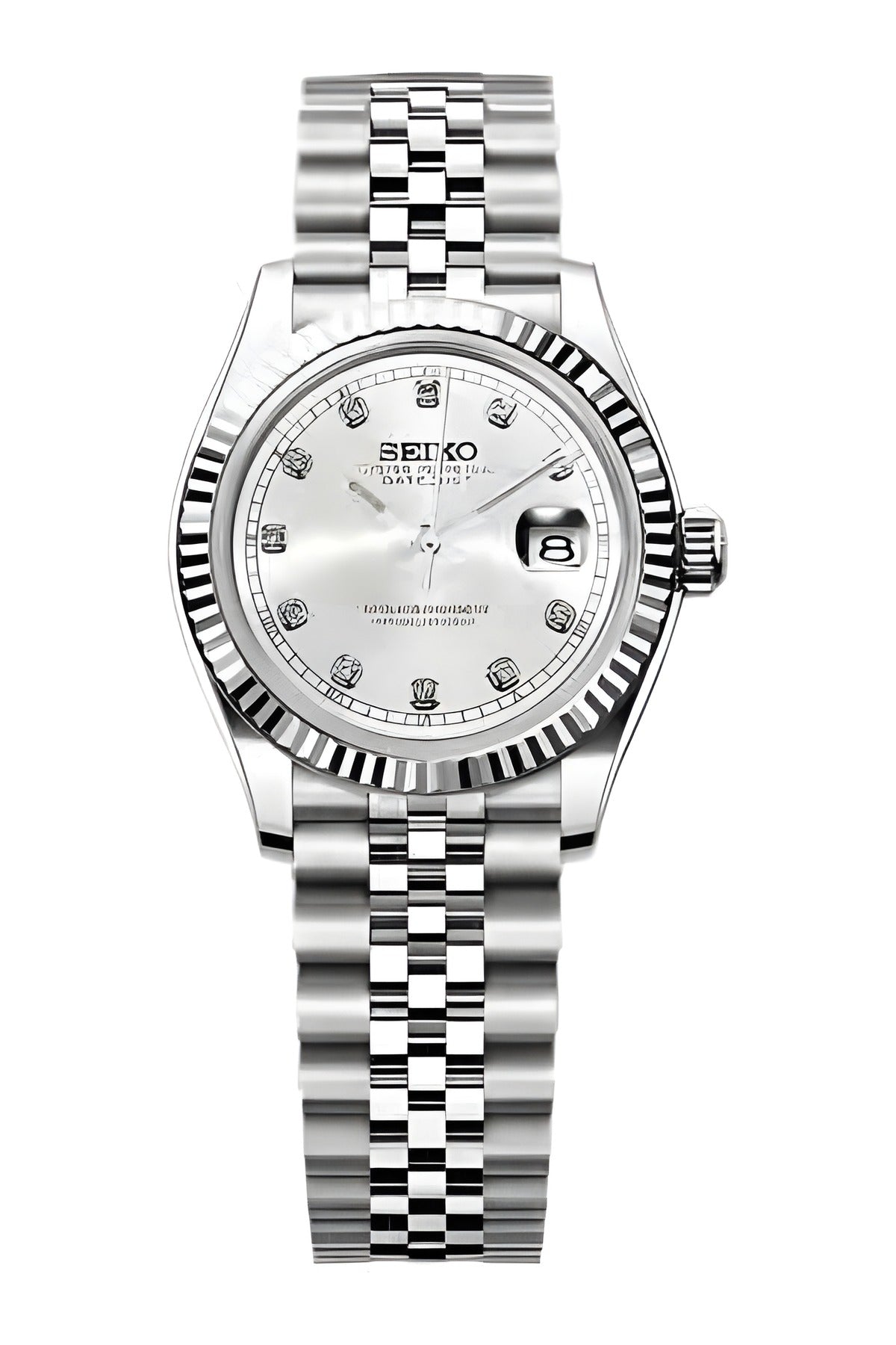 Seiko Mod Lady Datejust White Diamond, montre femme 31 mm, cadran blanc argenté serti de cristaux, bracelet Jubilee acier