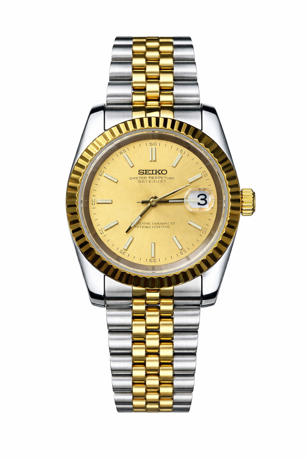 Datejust Two Tone Gold Silver - Mod Seiko Mod - Vue de face - Seiko Prestige