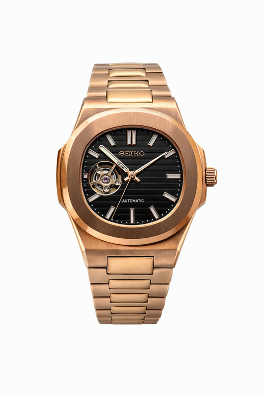 Nautilus Rose Gold & Black Open Heart Seiko Mod — Vue de face