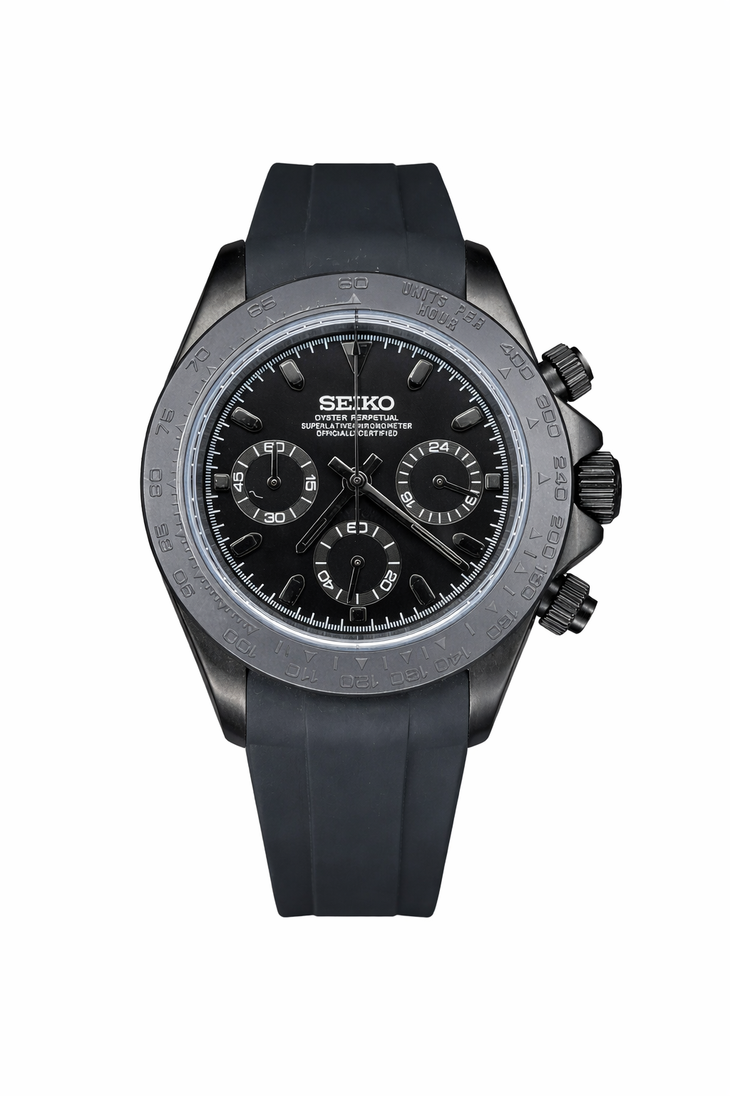 Full Black Oysterflex Daytona Seiko Mod — Vue de face