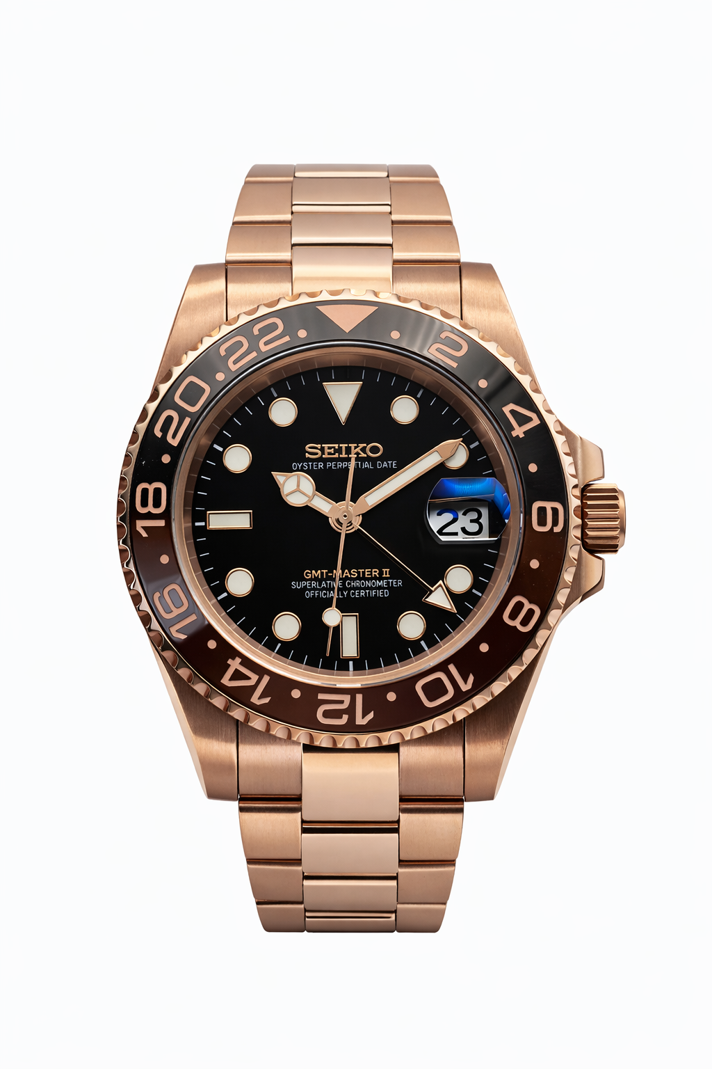 GMT Rootbeer Or Rose Seiko Mod - Vue de face - Seiko Prestige