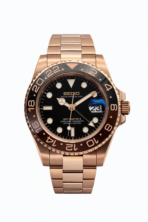 GMT Rootbeer Or Rose Seiko Mod - Vue de face - Seiko Prestige