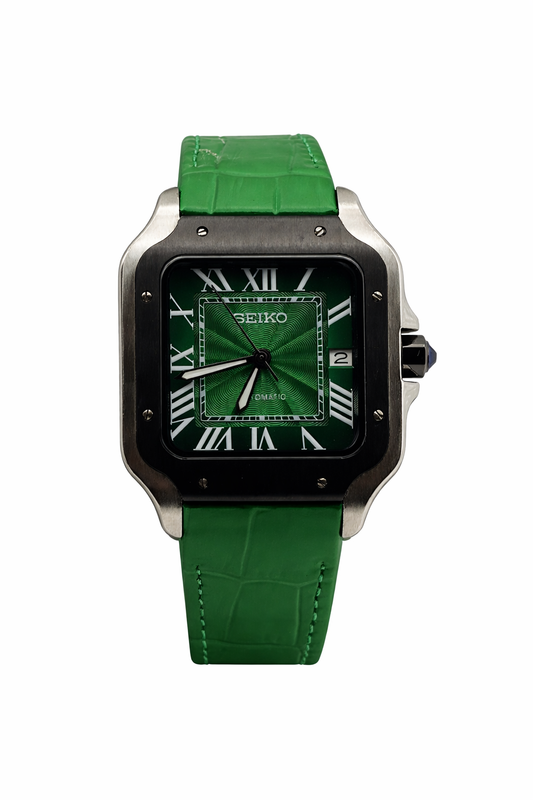 Santos Green Leather Bracelet Seiko Mod — Vue de face