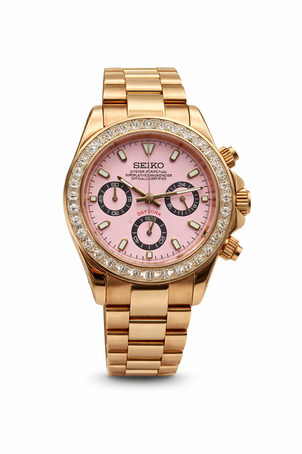 Seitona Rose Gold Pink Diamonds Seiko Mod — Vue de face