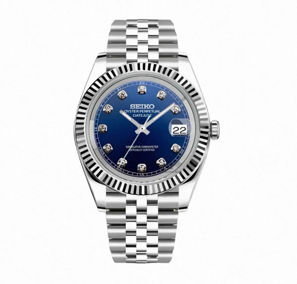 Datejust Blue Diamond Dial Seiko Mod — Vue de face