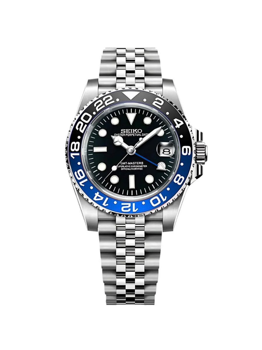 GMT MASTER II Batgirl Black & Blue bezel Seiko Mod — Vue de face
