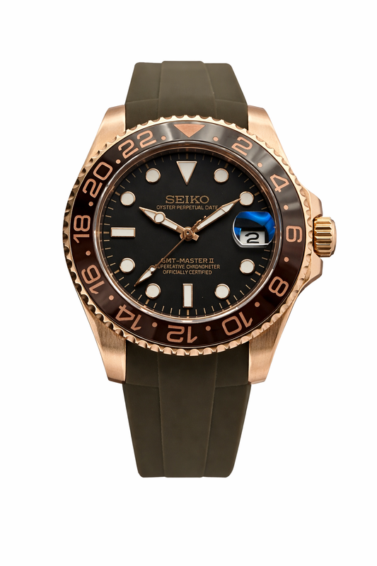 GMT Master II Mocha Rose Gold Seiko Mod — Vue de face