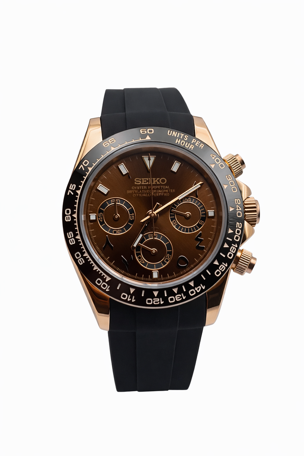 Montre Seiko Daytona en or rose avec chiffres arabes Seiko Mod - Vue de face - Seiko Prestige