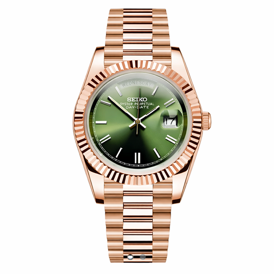 Datejust or rose et vert Seiko Mod - Détail cadran - Finitions premium