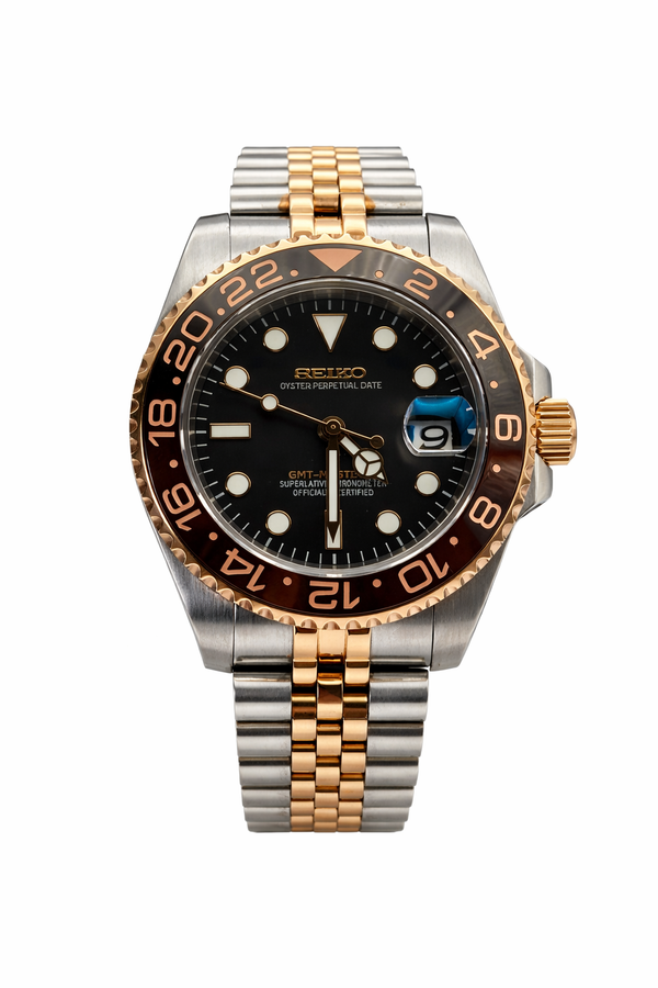 GMT Two Tone Rootbeer - Mod Seiko Mod - Vue de face - Seiko Prestige