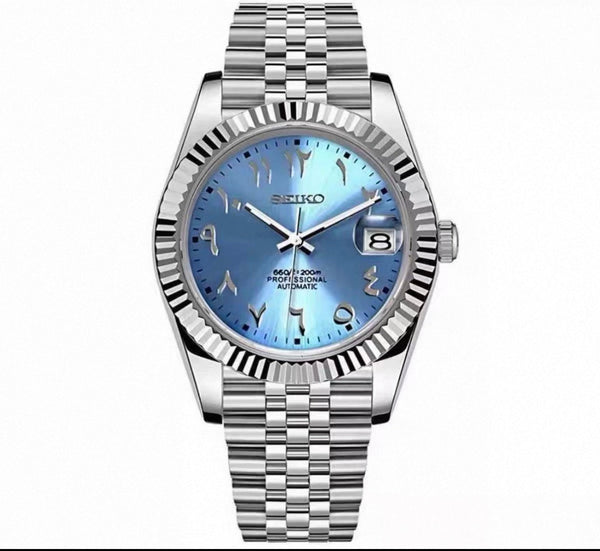 Datejust Sky Blue Chiffres Arabes Seiko Mod - Vue de face - Seiko Prestige