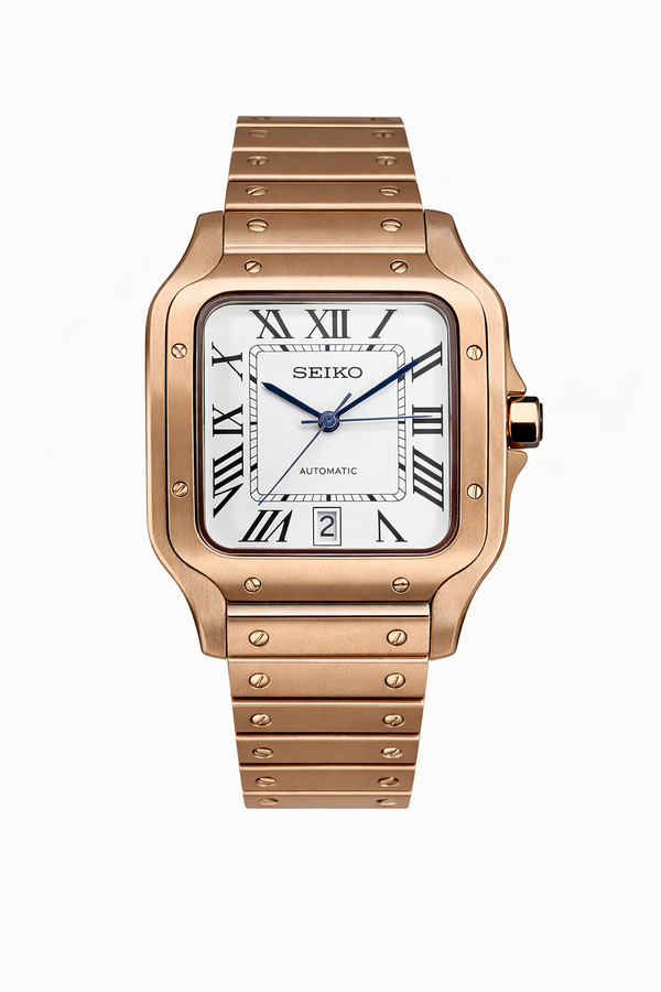 Santos cadran or rose et blanc Seiko Mod - Vue de face - Seiko Prestige
