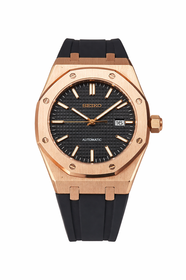 Royal Oak en or rose et cadran noir Seiko Mod - Vue de face - Seiko Prestige