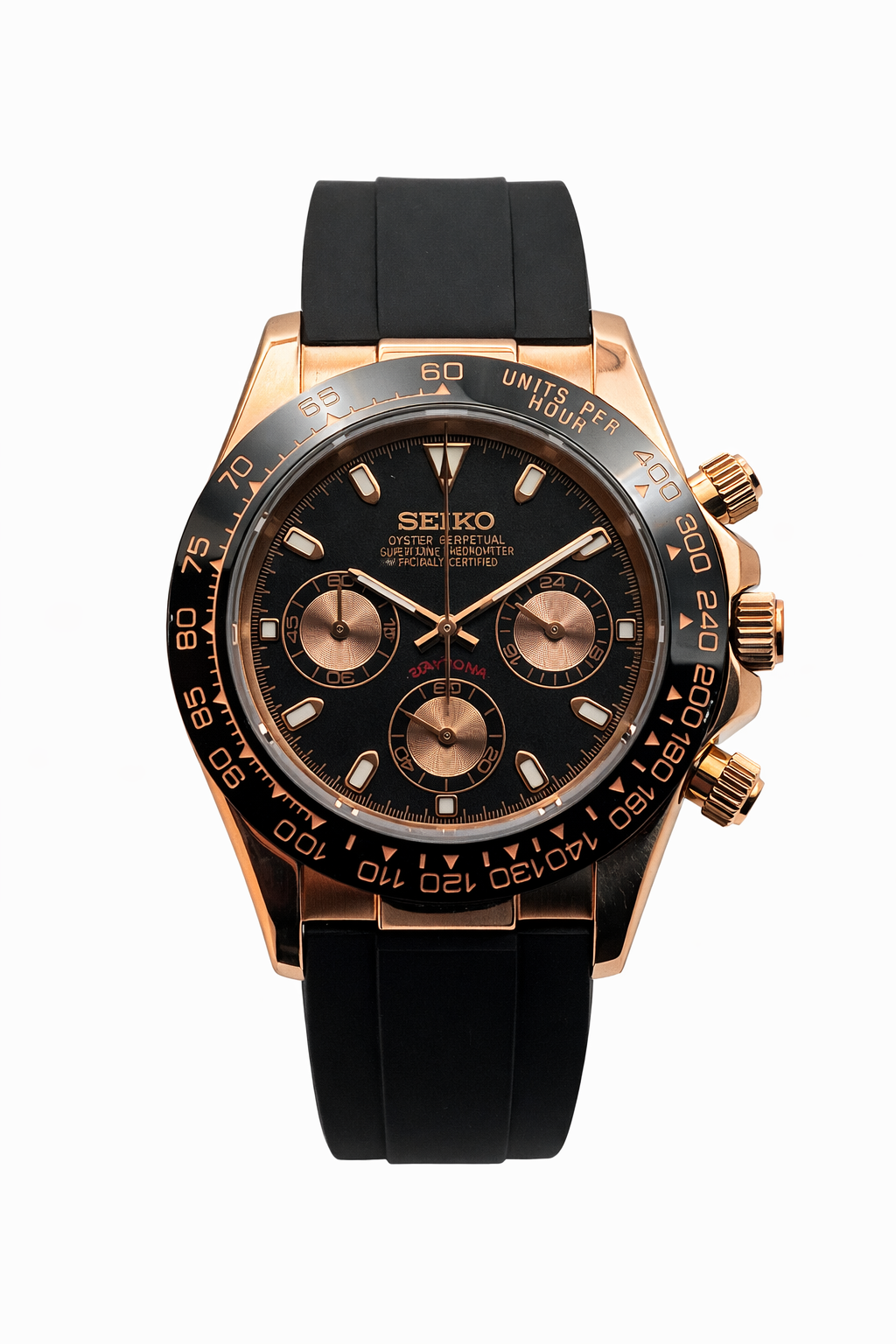 Daytona Rose Gold & Black Seiko Mod — Vue de face