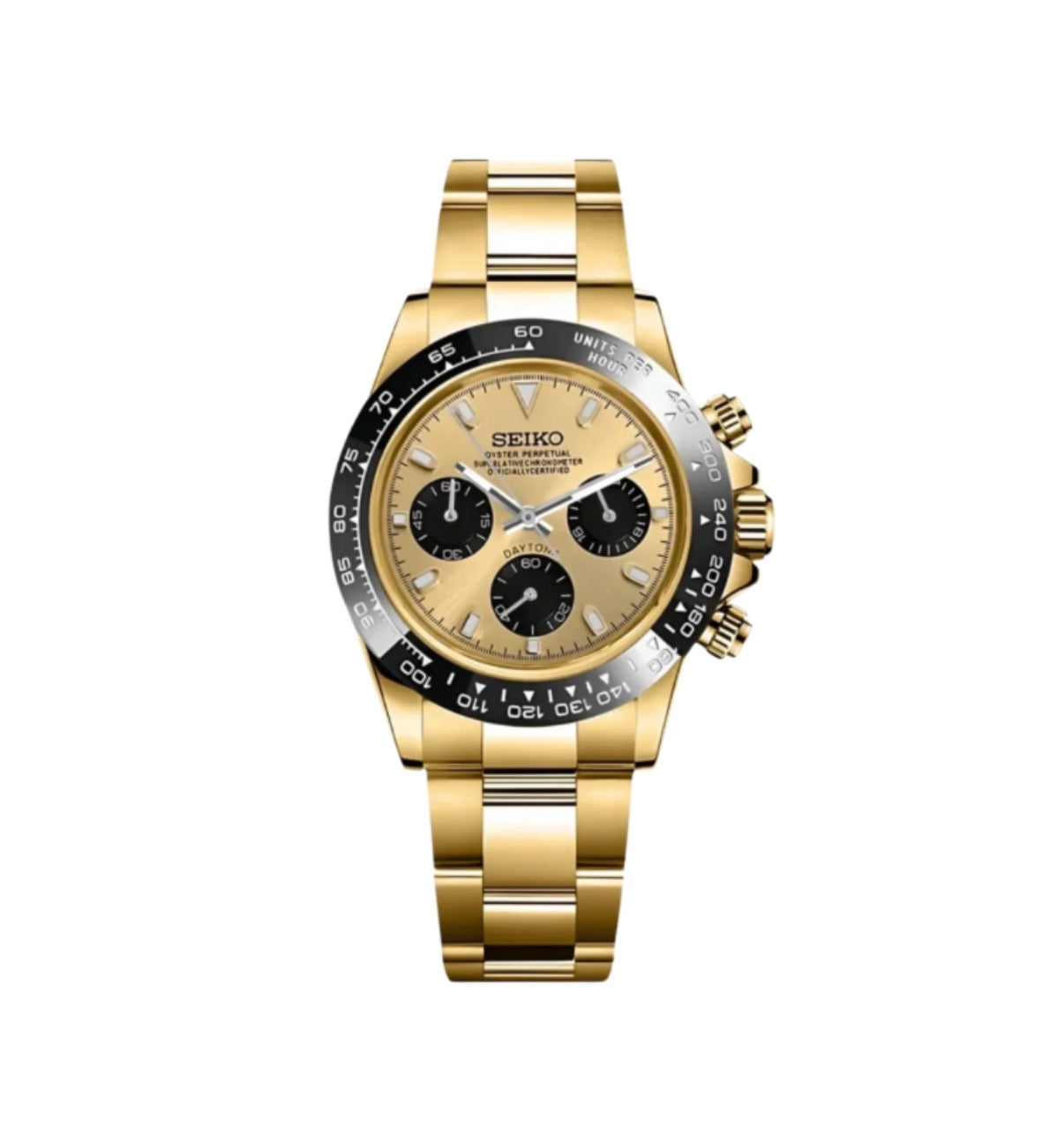 Yellow Gold & black Daytona Seiko Mod — Vue de face