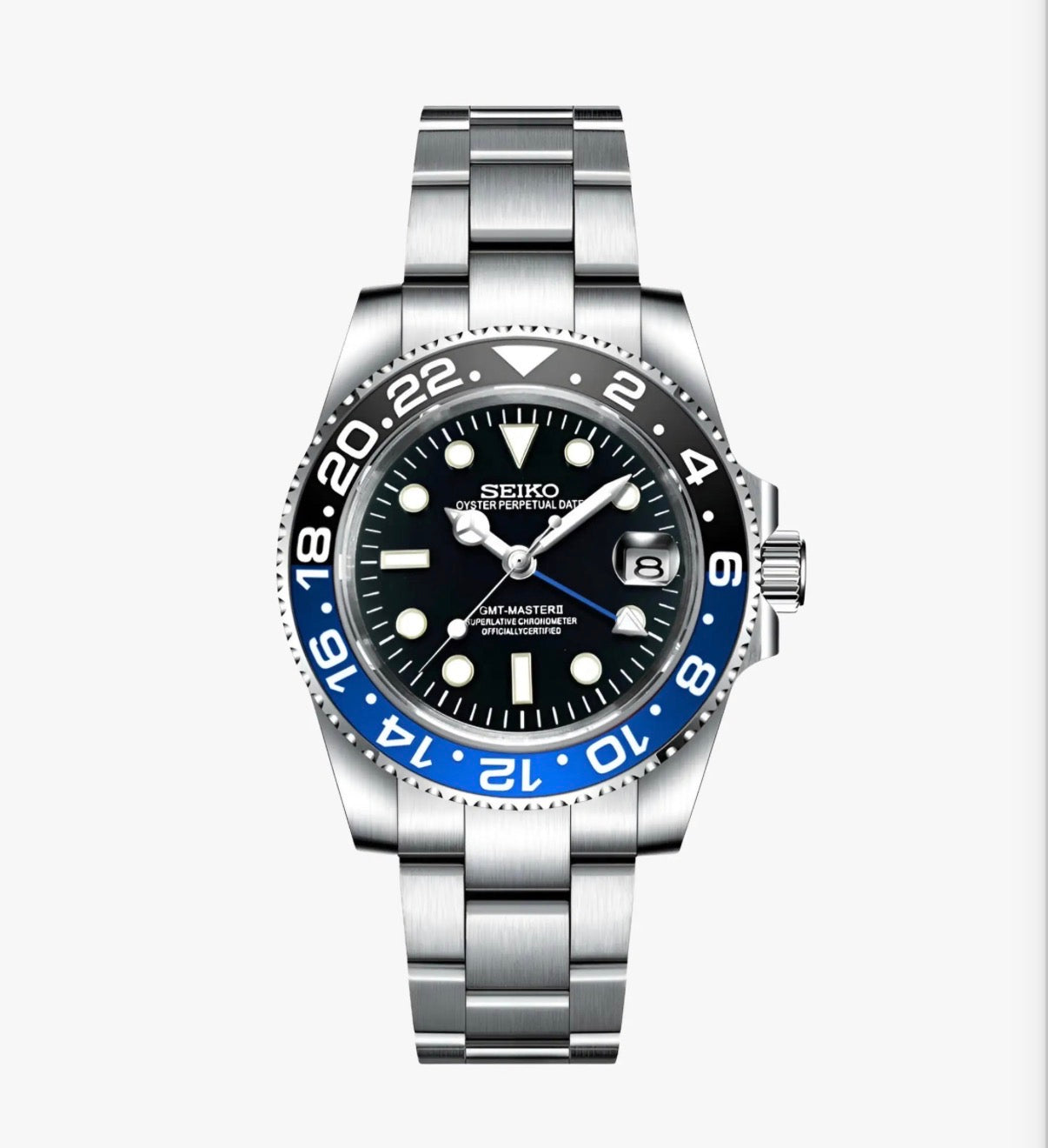GMT Master II Batman Blue & Black bezel Seiko Mod — Vue de face