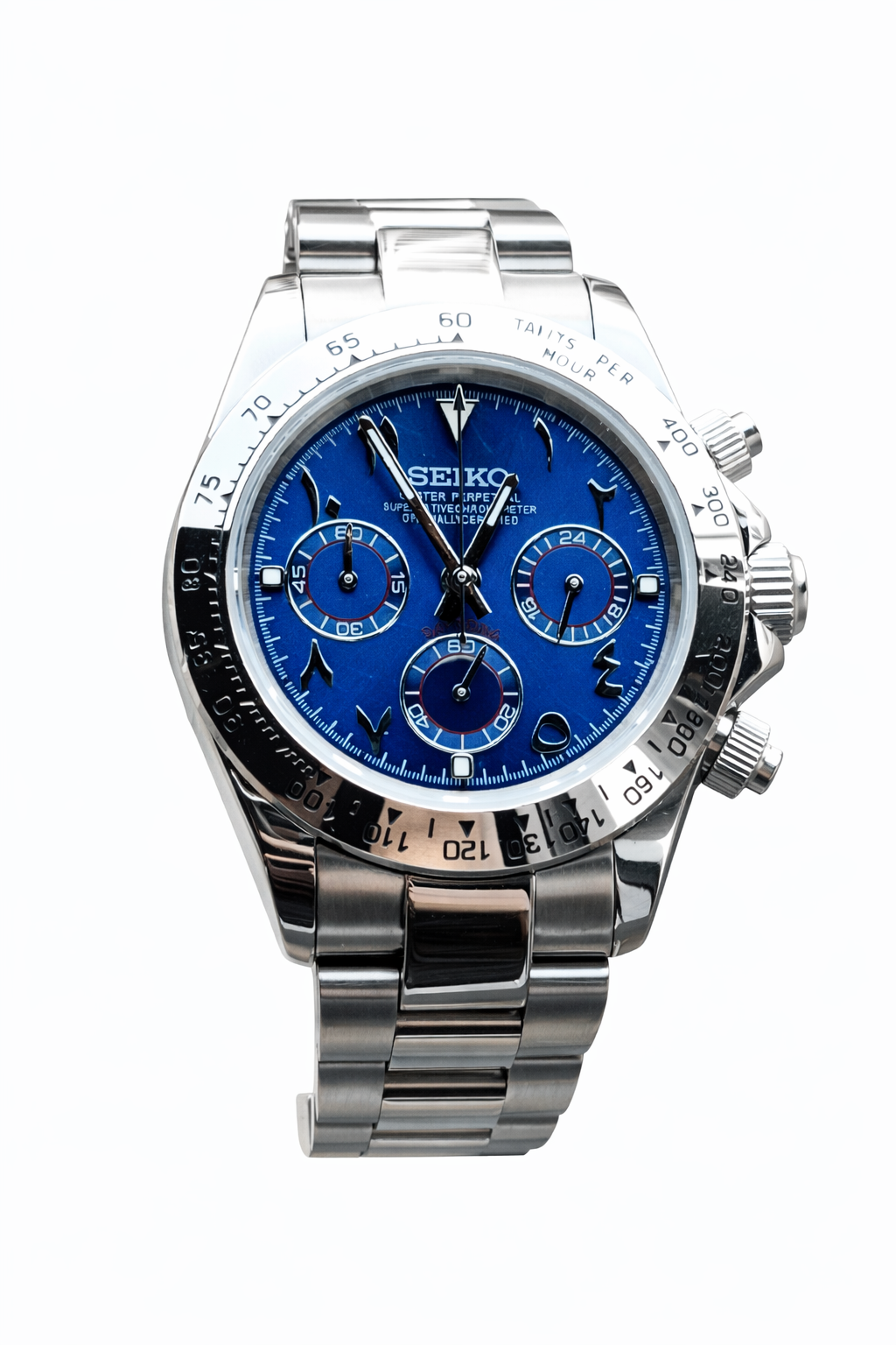Daytona Ocean Blue Arabic Numerals Seiko Mod — Vue de face