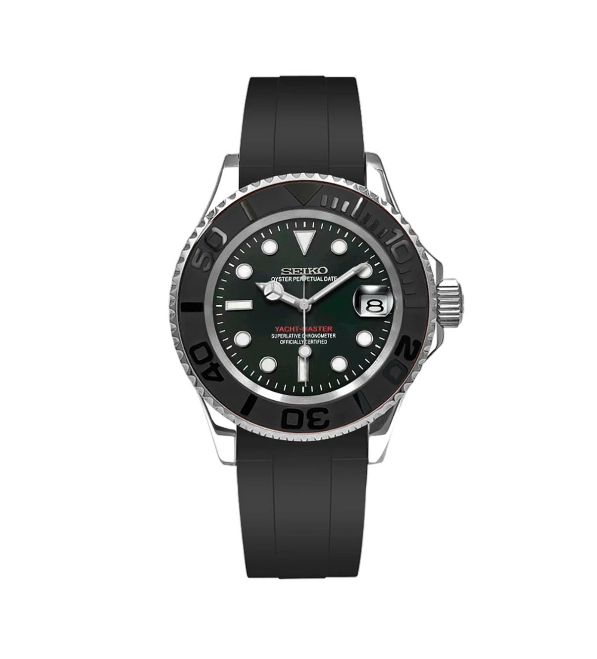 Yacht master Silver & Black Oysterflex Seiko Mod — Vue de face