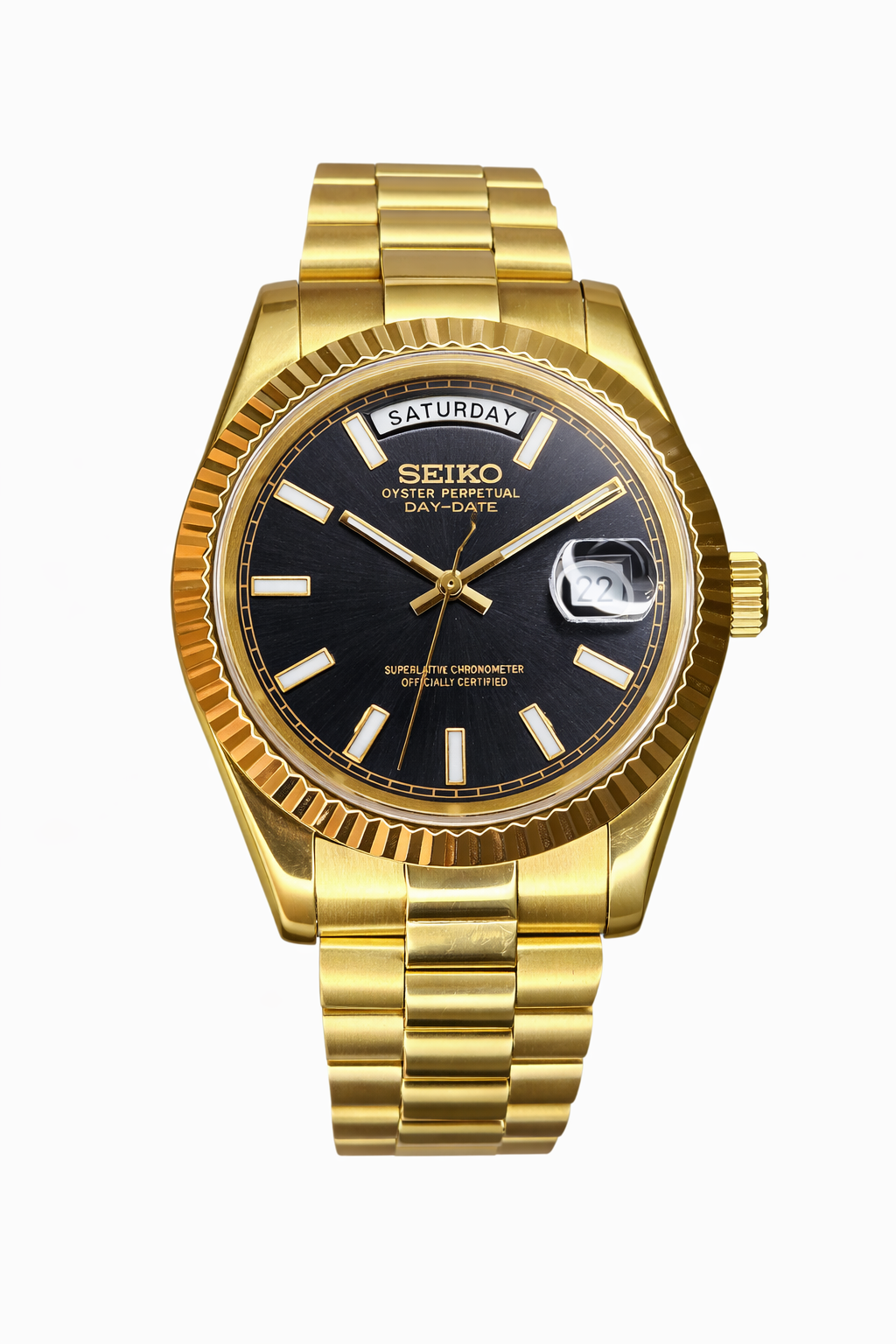 Gold & Black baguette dial DayDate Seiko Mod — Vue de face
