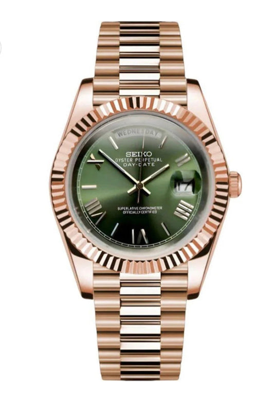 Datejust or rose et vert Seiko Mod - Vue de face - Seiko Prestige