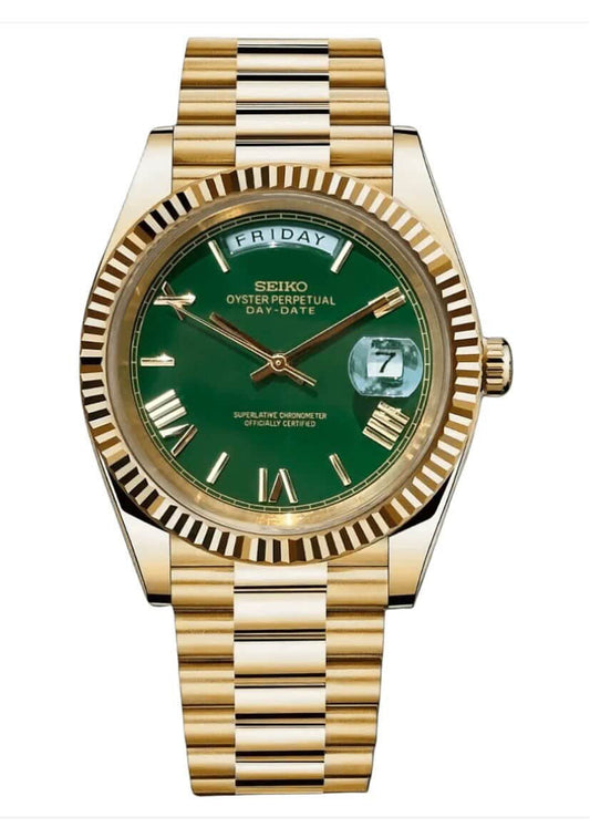 Daydate Yellow Gold & Green - Mod Seiko Mod - Vue de face - Seiko Prestige