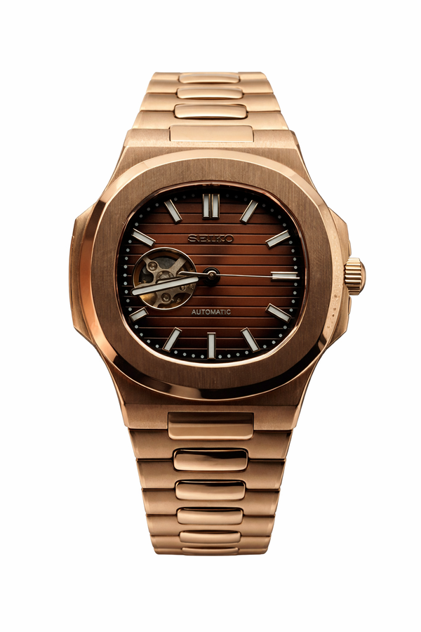 Nautilus Rose Gold Brown cœur ouvert Seiko Mod - Vue de face - Seiko Prestige