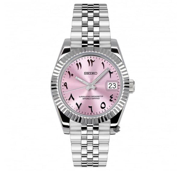 Datejust Pink Arabic Numerals Seiko Mod — Vue de face