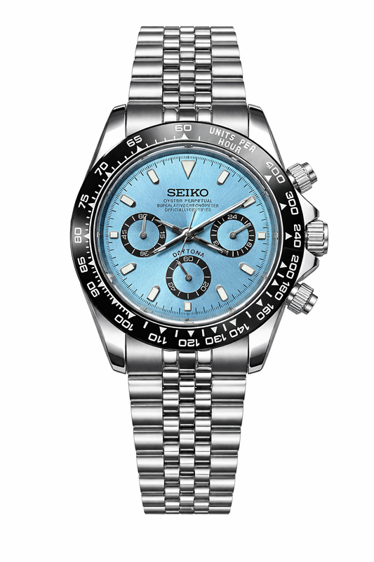 Daytona Platinum Blue Seiko Mod — Vue de face