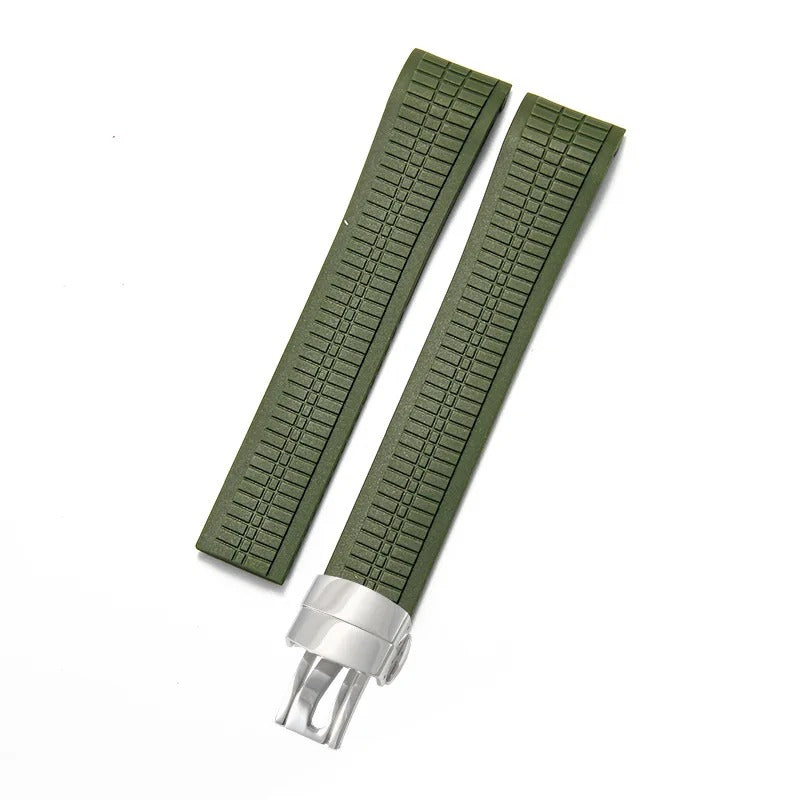Bracelet Style Aquanaut 21 mm Silicone Vert Kaki, fermoir argenté