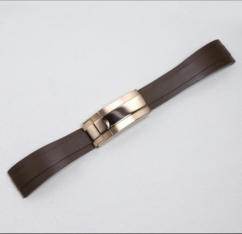 Bracelet Style Oysterflex 20 mm Marron, Boucle Or Rose, vue de face