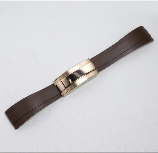 Bracelet Style Oysterflex 20 mm Marron, Boucle Or Rose, vue de face