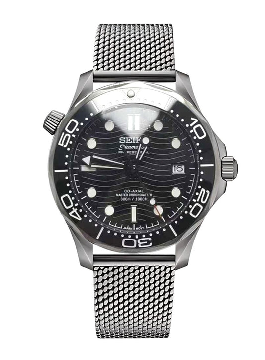 Seiko Mod Seamaster Black, montre homme 42 mm, cadran noir à motif de vagues, bracelet maille milanaise acier