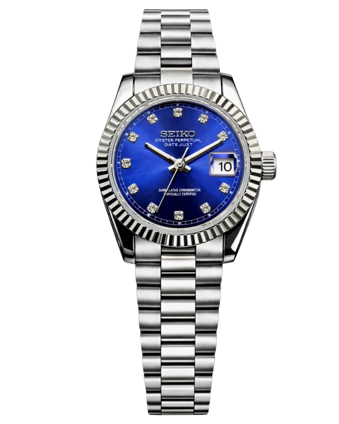 Seiko Mod Lady Datejust Blue Diamond, montre femme 31 mm, cadran bleu profond serti de cristaux, bracelet Jubilee acier