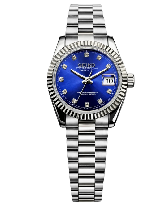 Seiko Mod Lady Datejust Blue Diamond, montre femme 31 mm, cadran bleu profond serti de cristaux, bracelet Jubilee acier