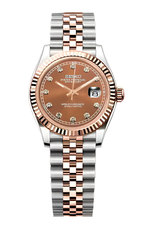 Seiko Mod Lady Datejust Bronze Diamond Rose Gold, montre femme 31 mm, cadran bronze serti de cristaux, bicolore acier et or rose