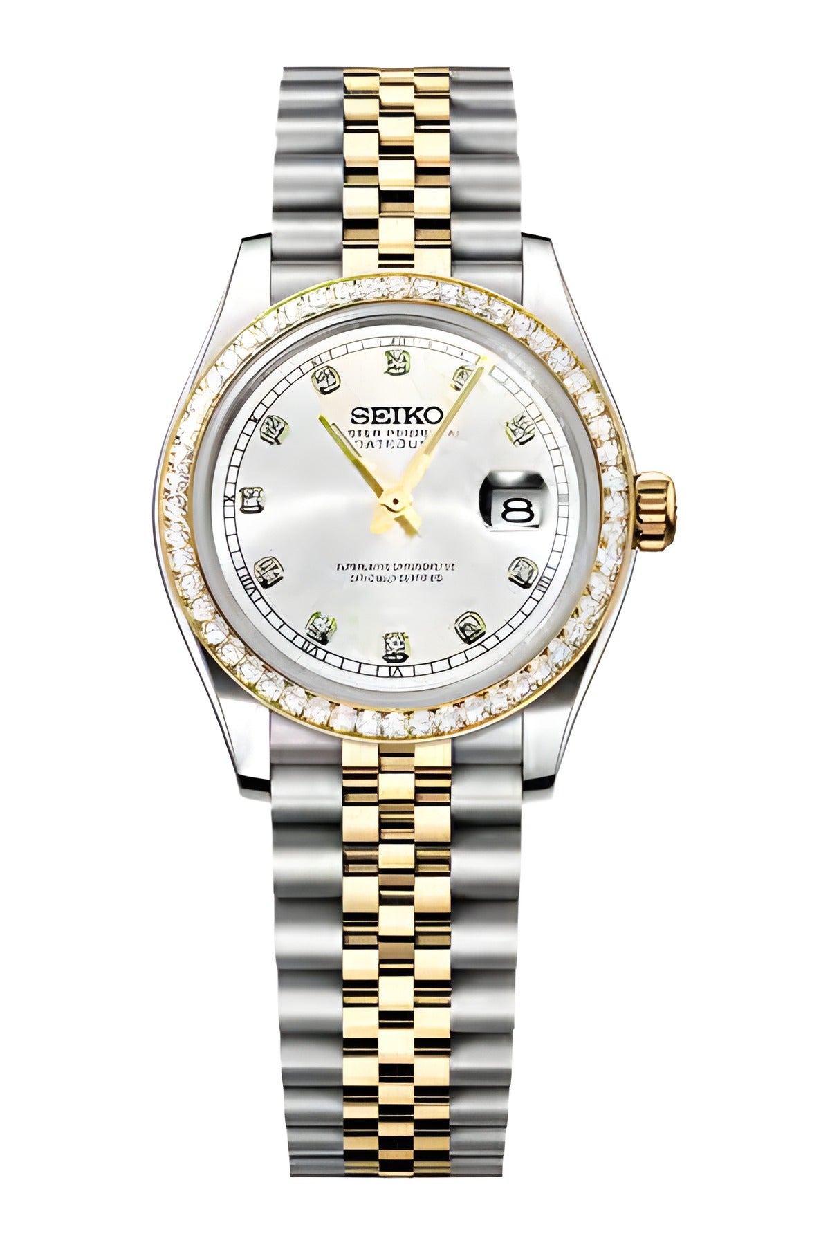Seiko Mod Lady Datejust Diamond Bezel Two Tone Gold, montre femme 31 mm, lunette dorée sertie de cristaux, cadran blanc, bracelet Jubilee bicolore