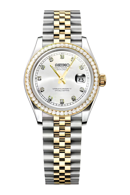 Seiko Mod Lady Datejust Diamond Bezel Two Tone Gold, montre femme 31 mm, lunette dorée sertie de cristaux, cadran blanc, bracelet Jubilee bicolore