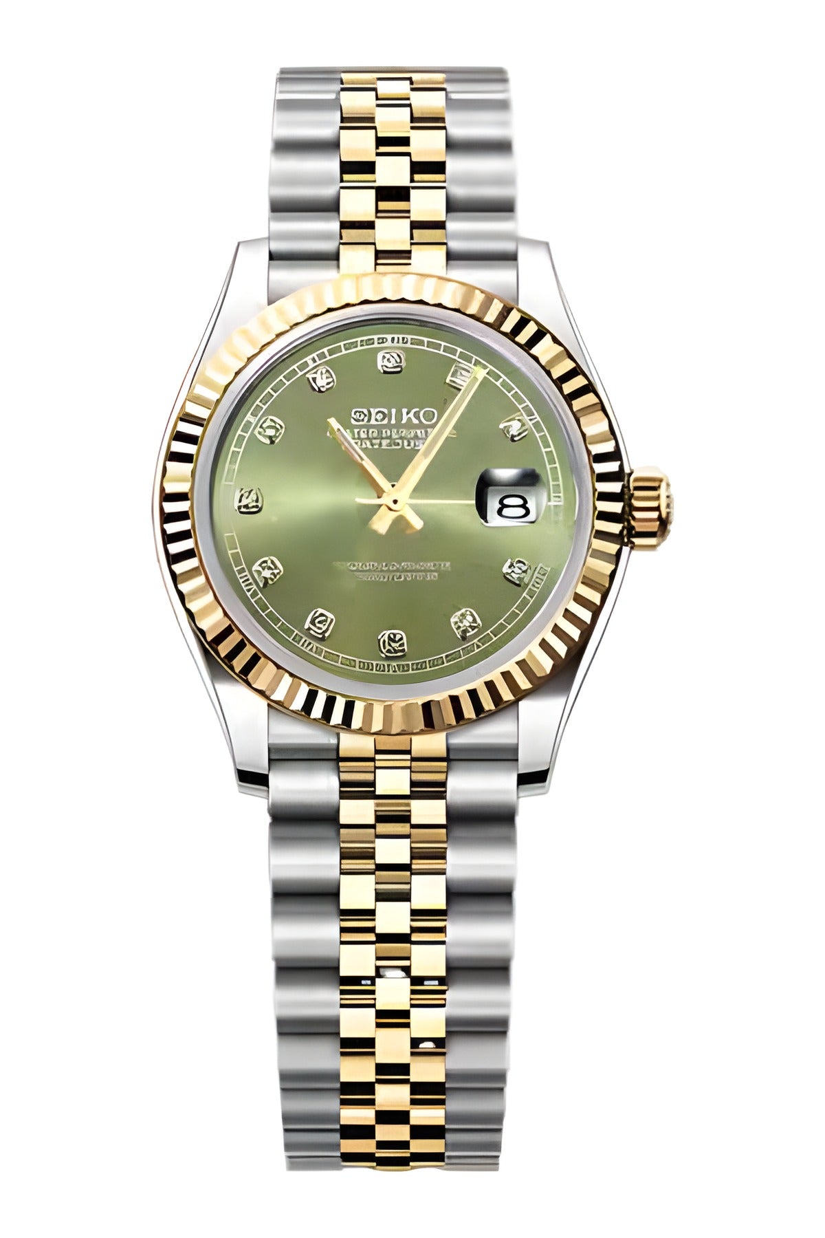 Seiko Mod Lady Datejust Olive Diamond Two Tone Gold, montre femme 31 mm, cadran vert olive serti de cristaux, bicolore acier et doré