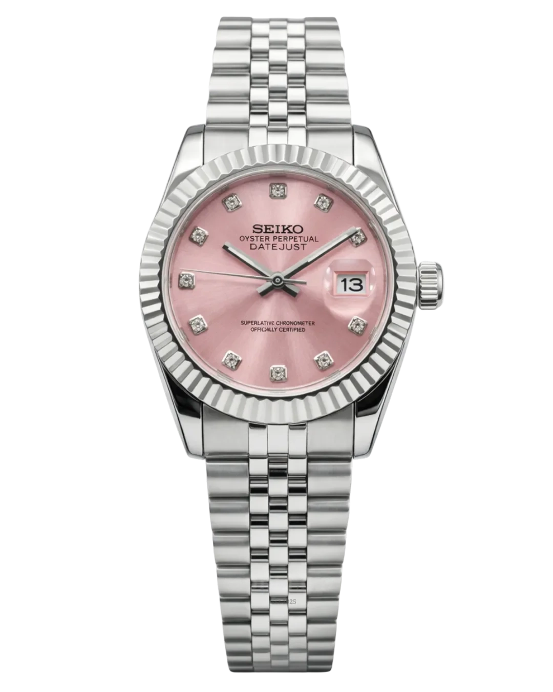 Seiko Mod Lady Datejust Pink Diamond, montre femme 31 mm, cadran rose serti de cristaux, bracelet Jubilee acier