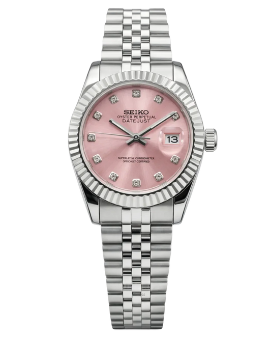 Seiko Mod Lady Datejust Pink Diamond, montre femme 31 mm, cadran rose serti de cristaux, bracelet Jubilee acier