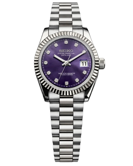 Seiko Mod Lady Datejust Purple Diamond, montre femme 31 mm, cadran mauve serti de cristaux, bracelet Jubilee acier
