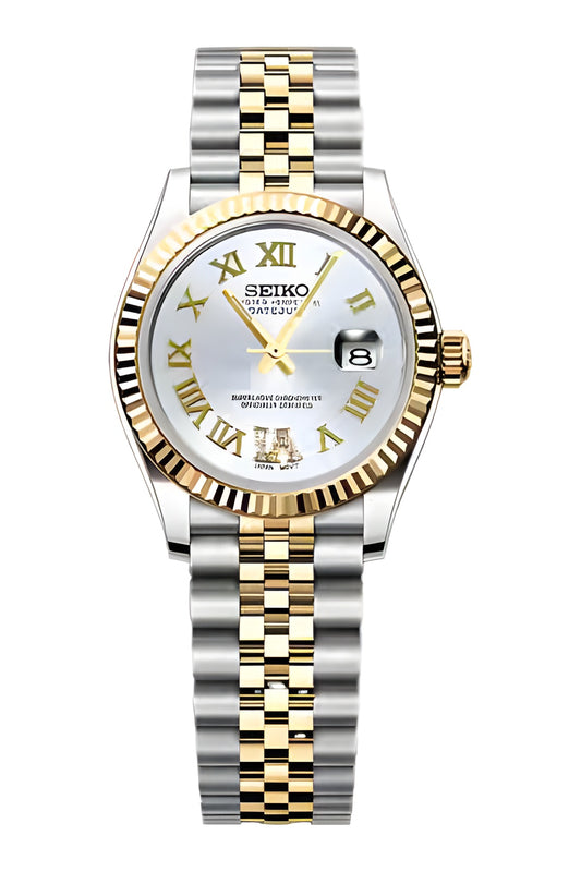 Seiko Mod Lady Datejust Roman Diamond Two Tone Gold, montre femme 31 mm, cadran blanc à chiffres romains dorés, bicolore acier et doré