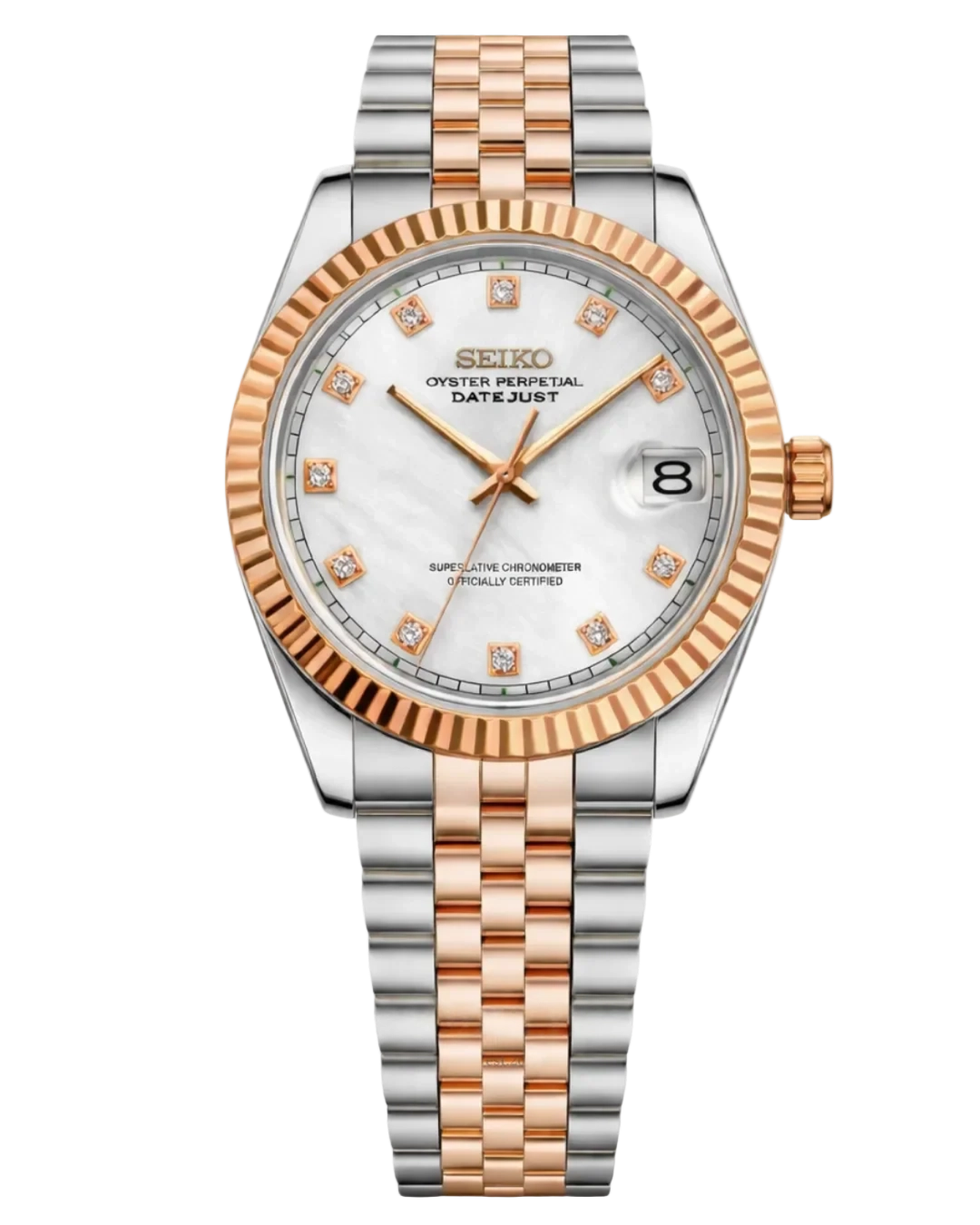 Seiko Mod Lady Datejust White Diamond Rose Gold, montre femme 31 mm, bicolore acier et or rose, cadran blanc serti de cristaux