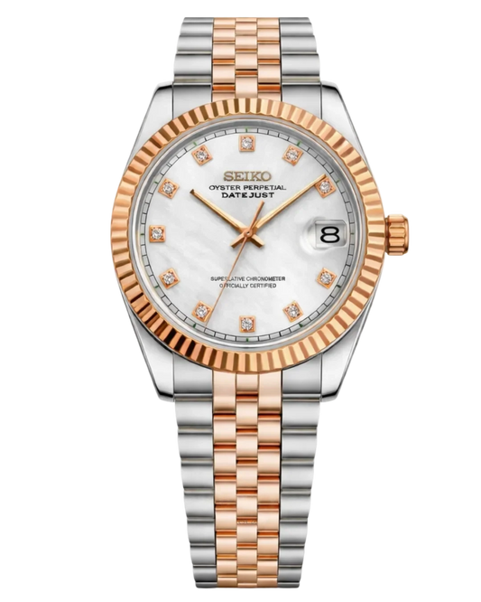 Seiko Mod Lady Datejust White Diamond Rose Gold, montre femme 31 mm, bicolore acier et or rose, cadran blanc serti de cristaux