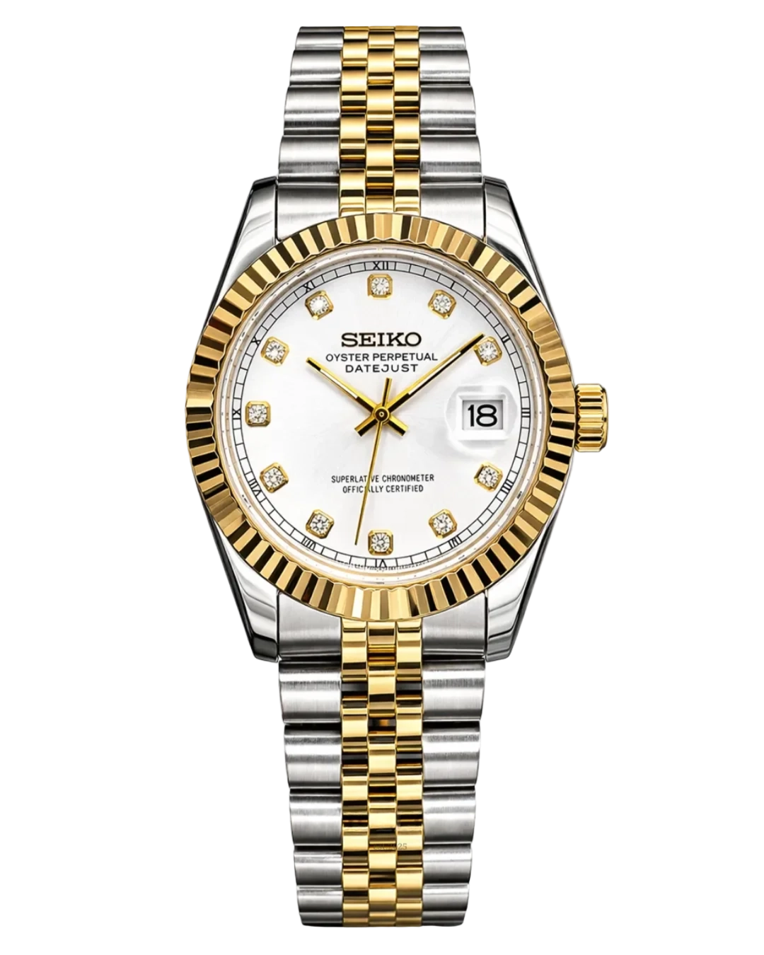 Seiko Mod Lady Datejust White Diamond Two Tone Gold, montre femme 31 mm, bicolore acier et doré, cadran blanc serti de cristaux