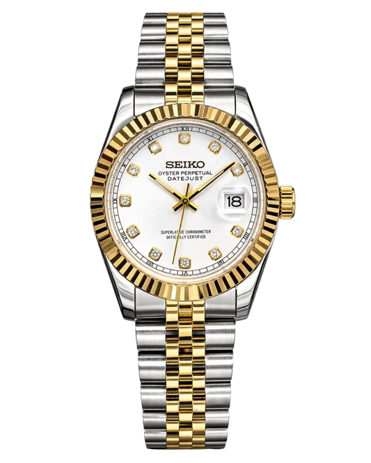 Seiko Mod Lady Datejust White Diamond Two Tone Gold, montre femme 31 mm, bicolore acier et doré, cadran blanc serti de cristaux