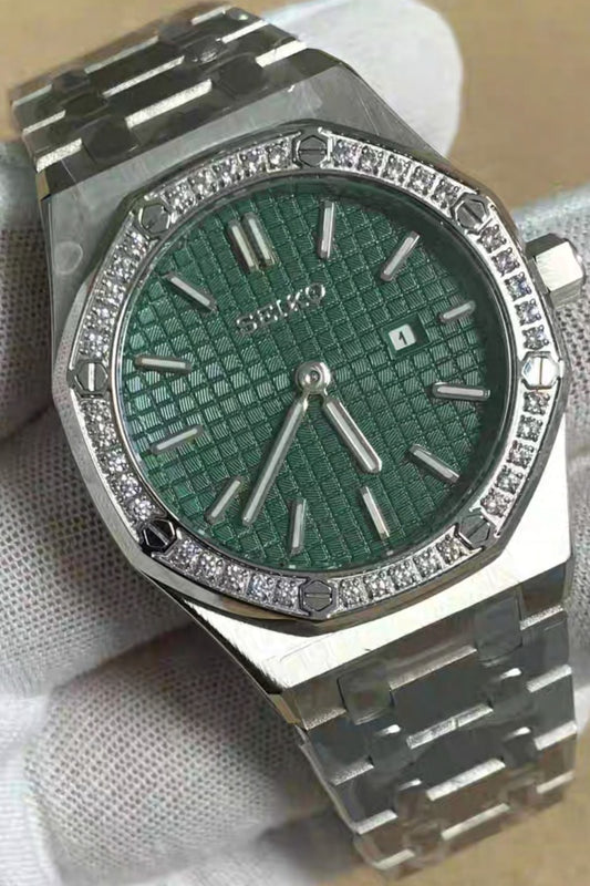 Seiko Mod Royal Oak Lady Green Diamond, montre femme 31 mm, cadran vert motif tapisserie, lunette octogonale sertie de cristaux
